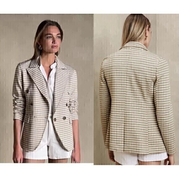 Banana Republic Blazer Wmn XXS Tan White Stripe Knit Double Breasted Jacket NWT - Picture 1 of 16